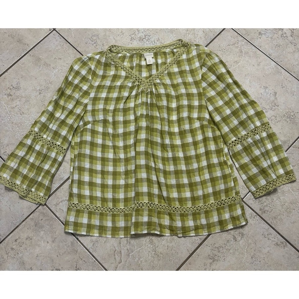 Chicos Gingham green and white linen top size 3 (xl)